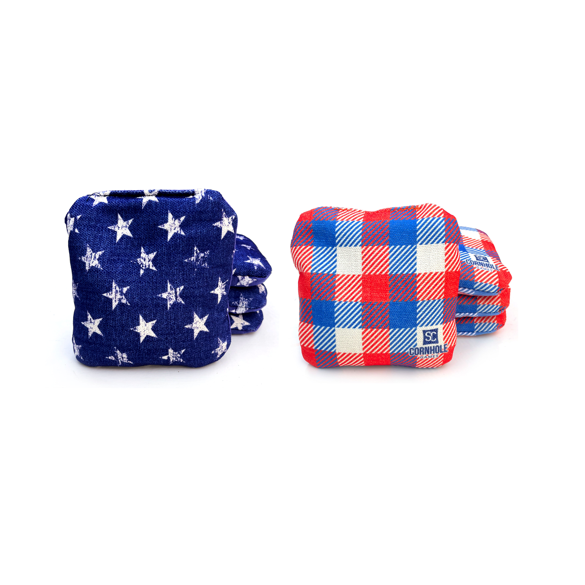 Professional Slide/Stick Dual Sided Cornhole Bags (Set of 8) - Stars/RWB Plaid